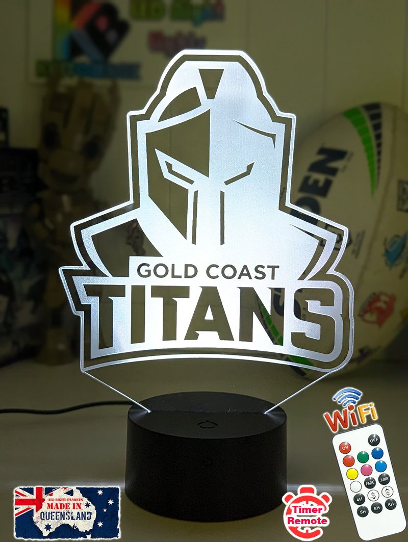 Gold Coast Titans logo 3D acrylic light with 16-colour remote, ideal NRL gift for bedroom or bar. Outline shape, new logo 