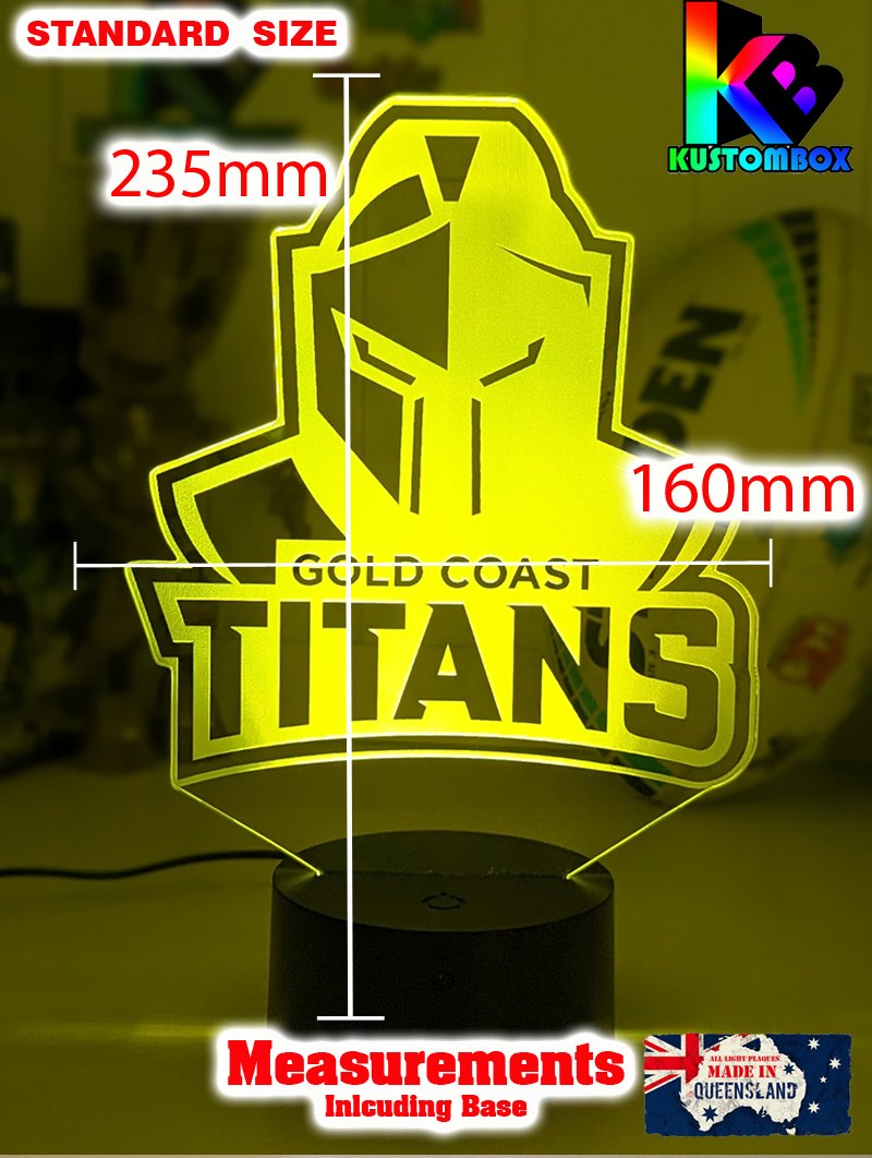 Gold Coast Titans rugby league 3D LED night light with USB power and multi-colour fade mode. Outline shape, new logo