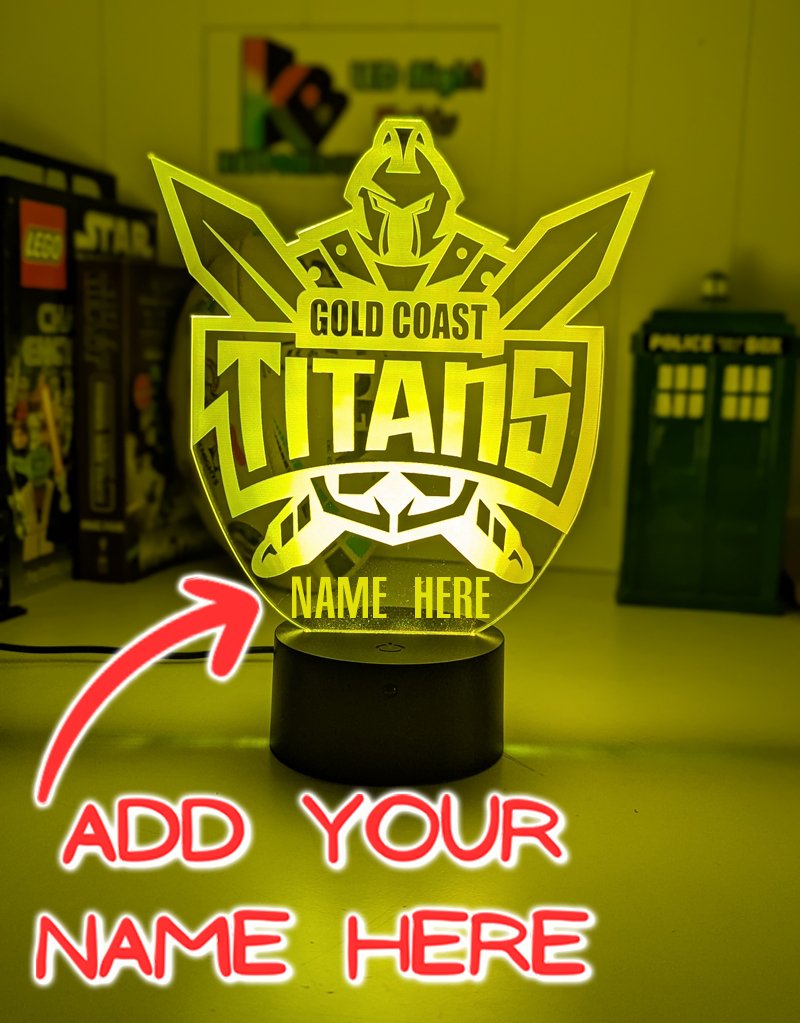 Gold Coast Titans logo 3D acrylic light with 16-colour remote, ideal NRL gift for bedroom or bar. Outline shape, original logo 