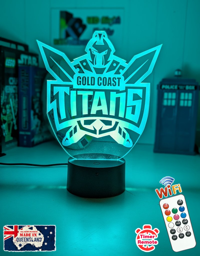 Personalised Gold Coast Titans 3D LED night light glowing in 7 colours, perfect for kids or man caves. Outline shape, original logo 