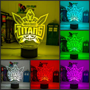 Custom Gold Coast Titans LED lamp with engraved name, multi-colour lighting for rugby league fans, Outline shape, original logo 