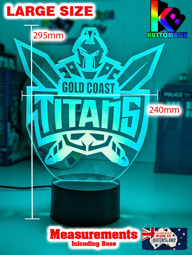 Gold Coast Titans rugby league 3D LED night light with USB power and multi-colour fade mode. Outline shape, original logo