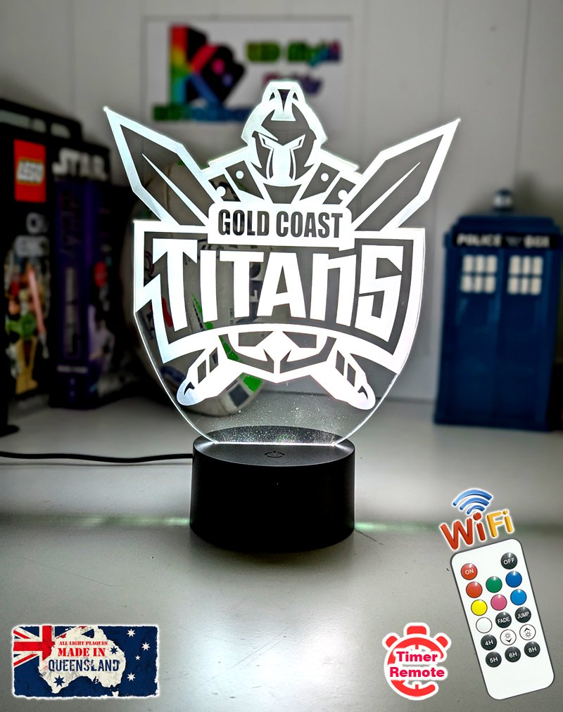 Personalised Gold Coast Titans LED night light featuring team logo outline and custom engraving. Outline shape, original logo