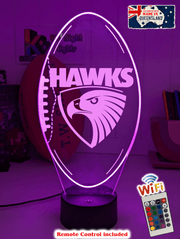 Hawthorn Hawks 3D LED night light glowing softly in a child’s room.