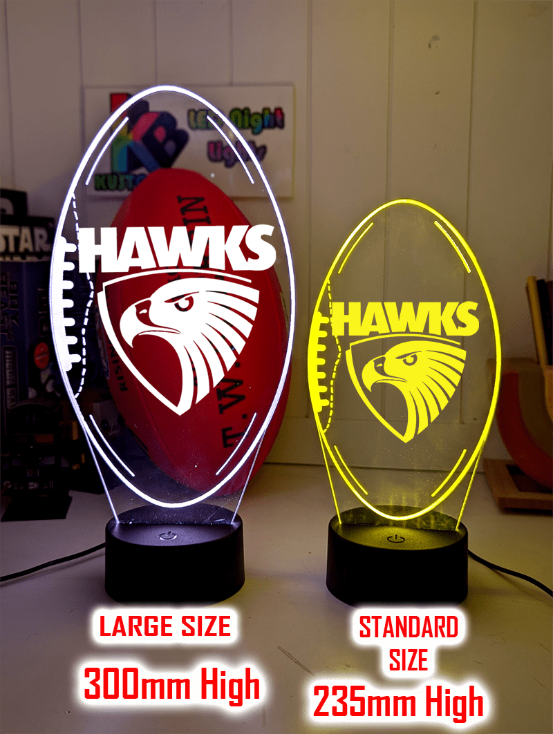  Hawthorn Hawks 3D LED light glowing in red, blue, green, yellow, purple, white and more.