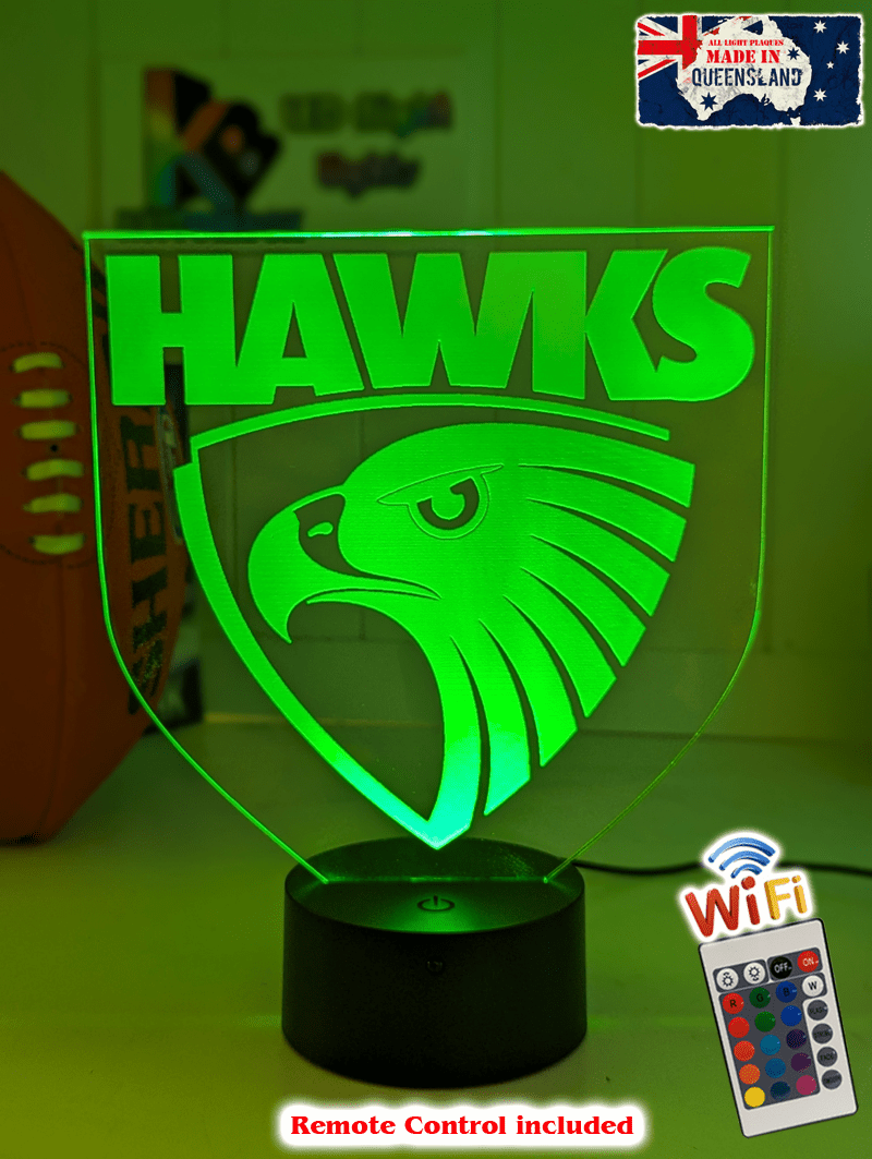 Hawthorn Hawks 3D LED light glowing in red, blue, green, yellow, purple, white and more.