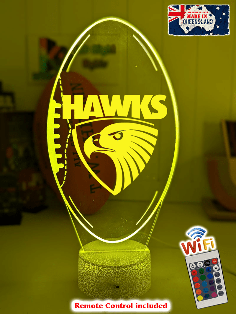 Hawthorn Hawks 3D LED lamp with 16-colour remote control – adjustable brightness and fade.