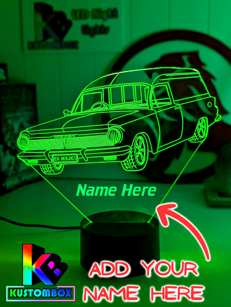 Holden EH Holden Panel Van 3D LED lamp, custom name engraving, colour modes, and sleek acrylic detailing.