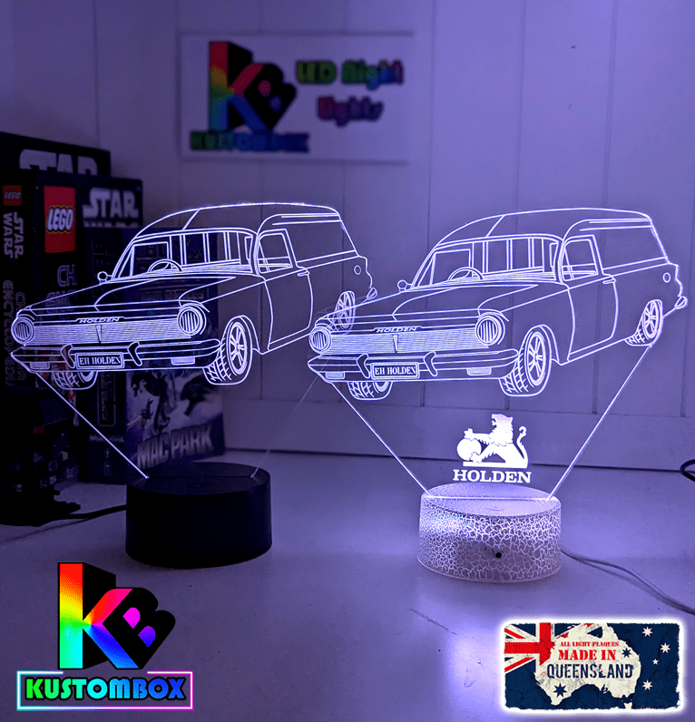 Holden EH Holden Panel Van 3D LED lamp, retro Australian classic car light with personalised engraving and colour-changing LED base.