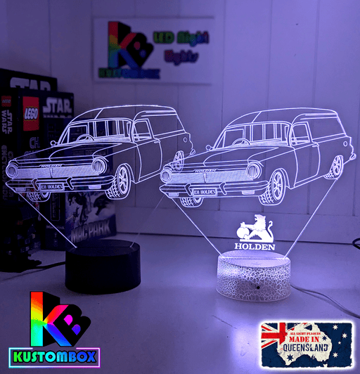 Holden EH Holden Panel Van 3D LED lamp, retro Australian classic car light with personalised engraving and colour-changing LED base.