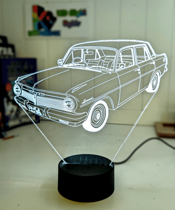 Holden EH Sedan Premier 1963 to 65 Car Personalised Name 3D LED night light engraved on clear acrylic with vibrant multi-colour glow, ideal for man caves and garages.