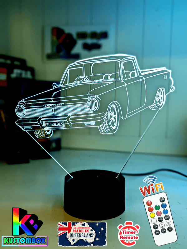 Personalised Holden EH Holden Ute 3D LED night light engraved on clear acrylic with vibrant multi-colour glow, ideal for man caves and garages.