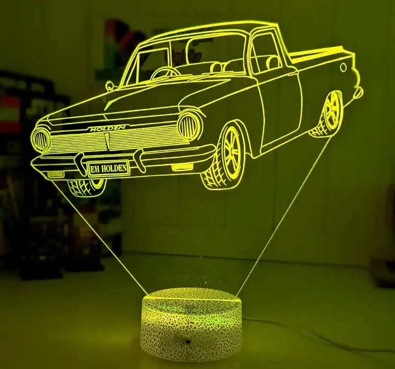 3D car model lamp with 'Holden EH Ute' branding on a green background