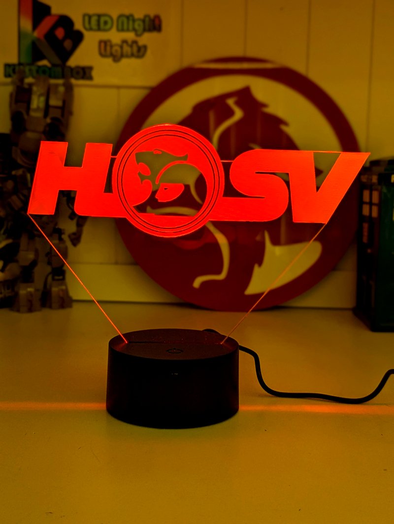 Holden HSV Logo V8 Racing Super Cars LED light displayed on desk or shelf, ideal for bedrooms, offices, or collector spaces.