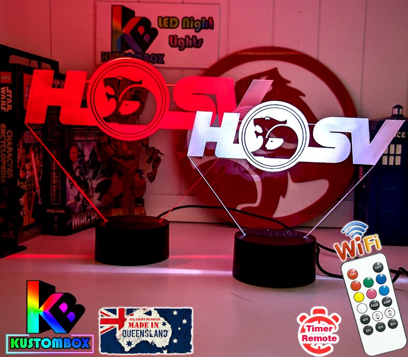 Holden HSV Logo V8 Racing Super Cars USB powered LED night light with engraved acrylic panel and adjustable lighting colours.