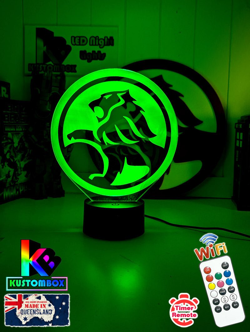 USB powered Holden logo LED night light with engraved acrylic panel and adjustable lighting colours.