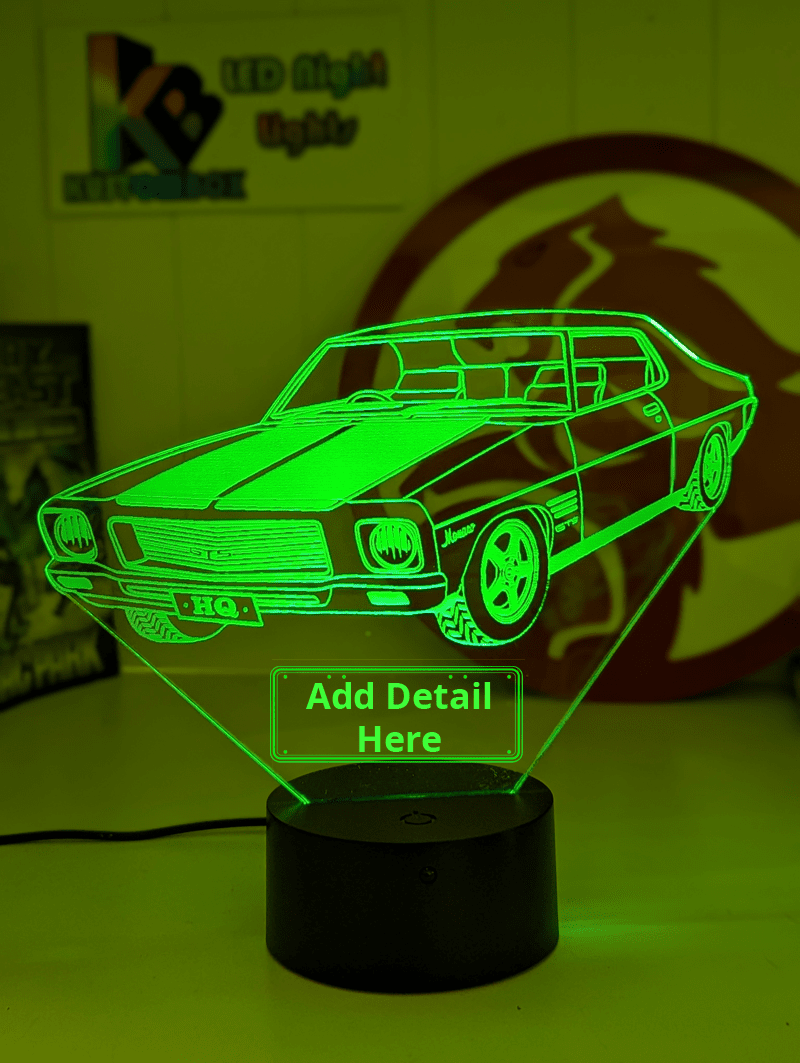 Holden Monaro HQ 1971 to 1974 Personalised Name 3D LED Night Light Colour Change - KustomboxNight Lights & Ambient LightingKustomboxStandard Size - with Number Plate Detail