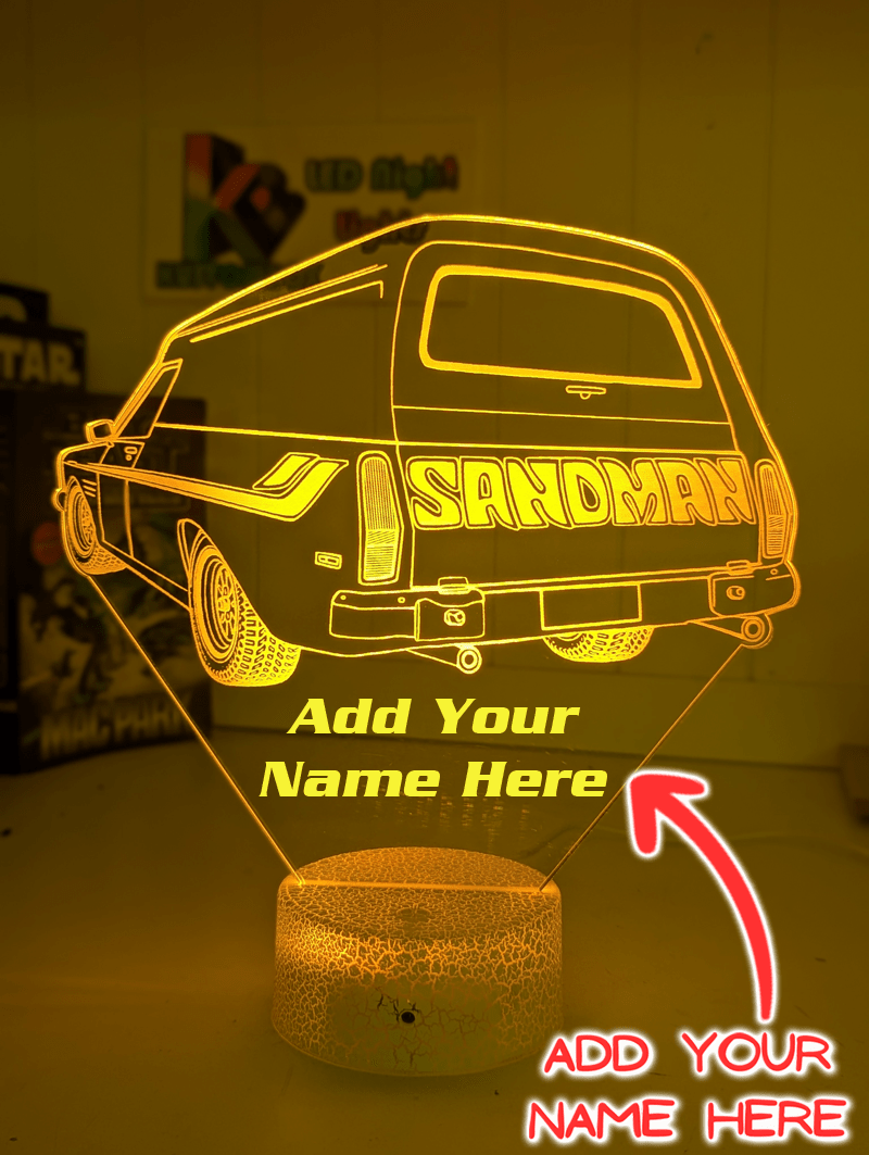 Holden Sandman Panel Van HQ Personalised NameLED light displayed on desk or shelf, ideal for bedrooms, offices, or collector spaces.