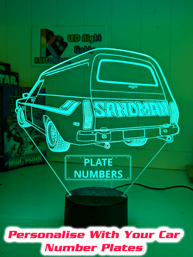 Holden Sandman Panel Van HQ Personalised Name USB powered LED night light with engraved acrylic panel and adjustable lighting colours.