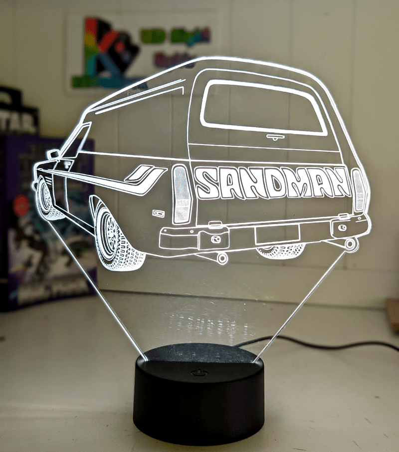 Holden Sandman Panel Van HQ 3D LED night light engraved on clear acrylic with vibrant multi-colour glow, ideal for man caves and garages