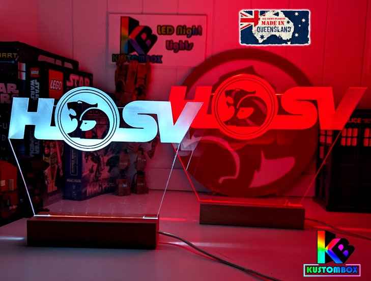 HSV Holden Racing V8 Super Cars Logo Iconic LED light creating a 3D effect, perfect garage décor or display piece for Australian car enthusiasts.