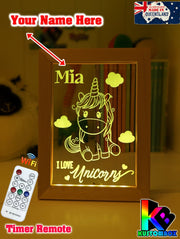 I Love Unicorn Ponies Personalised Name Timber Frame USB 3D LED Night Light Lamp - KustomboxNight Lights & Ambient LightingKustomboxTimber Frame Light - $34.99