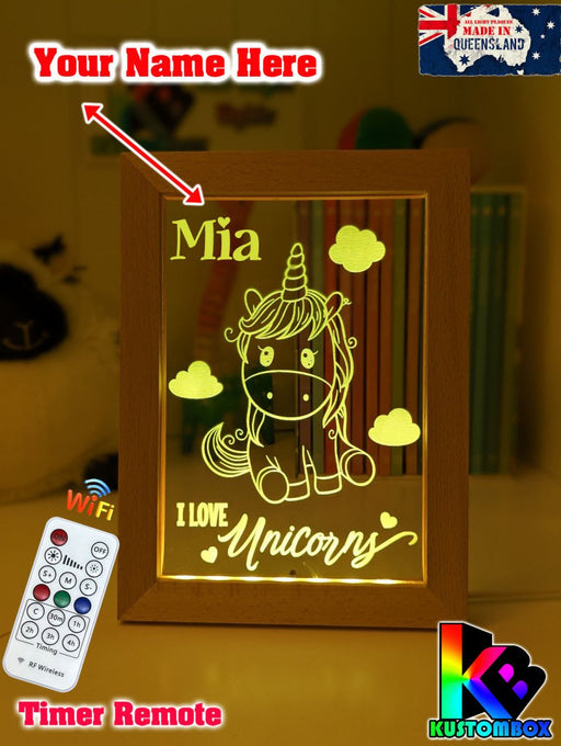 I Love Unicorn Ponies Personalised Name Timber Frame USB 3D LED Night Light Lamp - KustomboxNight Lights & Ambient LightingKustomboxTimber Frame Light - $34.99