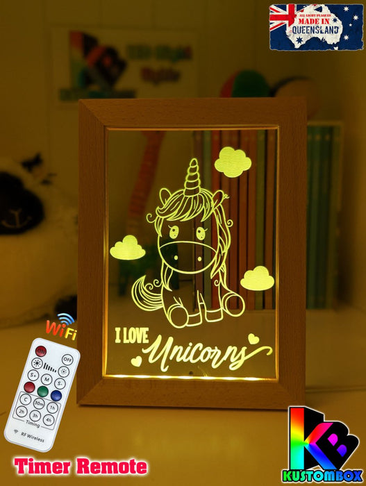I Love Unicorn Ponies Personalised Name Timber Frame USB 3D LED Night Light Lamp - KustomboxNight Lights & Ambient LightingKustomboxTimber Frame Light - $34.99