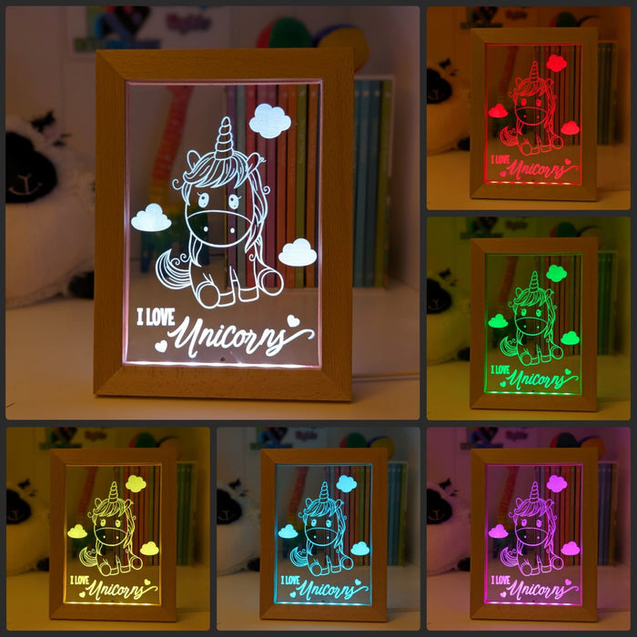 I Love Unicorn Ponies Personalised Name Timber Frame USB 3D LED Night Light Lamp - KustomboxNight Lights & Ambient LightingKustomboxTimber Frame Light - $34.99