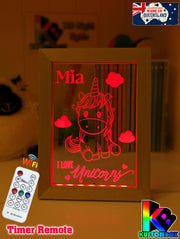 I Love Unicorn Ponies Personalised Name Timber Frame USB 3D LED Night Light Lamp - KustomboxNight Lights & Ambient LightingKustomboxTimber Frame Light - $34.99