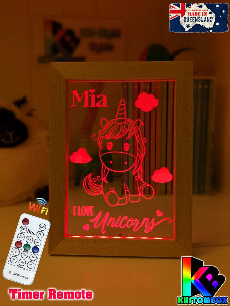 I Love Unicorn Ponies Personalised Name Timber Frame USB 3D LED Night Light Lamp - KustomboxNight Lights & Ambient LightingKustomboxTimber Frame Light - $34.99