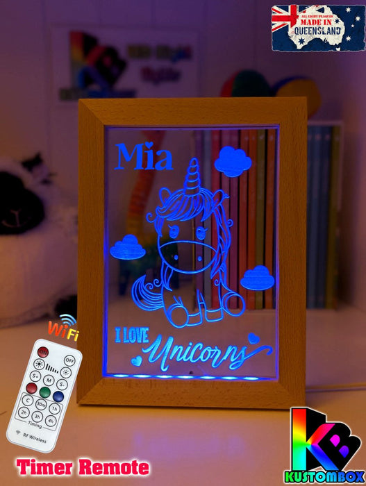 I Love Unicorn Ponies Personalised Name Timber Frame USB 3D LED Night Light Lamp - KustomboxNight Lights & Ambient LightingKustomboxTimber Frame Light - $34.99