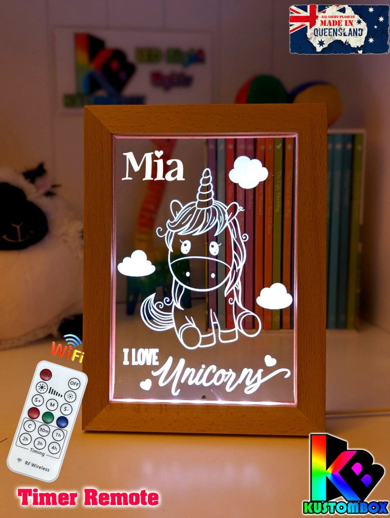 I Love Unicorn Ponies Personalised Name Timber Frame USB 3D LED Night Light Lamp - KustomboxNight Lights & Ambient LightingKustomboxTimber Frame Light - $34.99