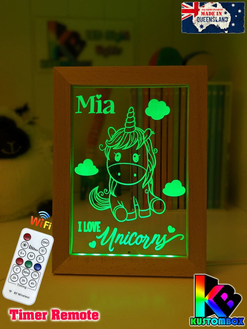 I Love Unicorn Ponies Personalised Name Timber Frame USB 3D LED Night Light Lamp - KustomboxNight Lights & Ambient LightingKustomboxTimber Frame Light - $34.99