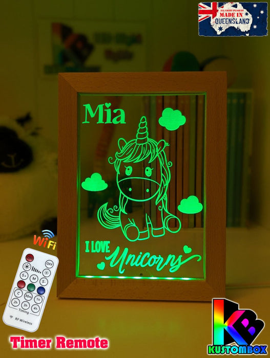 I Love Unicorn Ponies Personalised Name Timber Frame USB 3D LED Night Light Lamp - KustomboxNight Lights & Ambient LightingKustomboxTimber Frame Light - $34.99