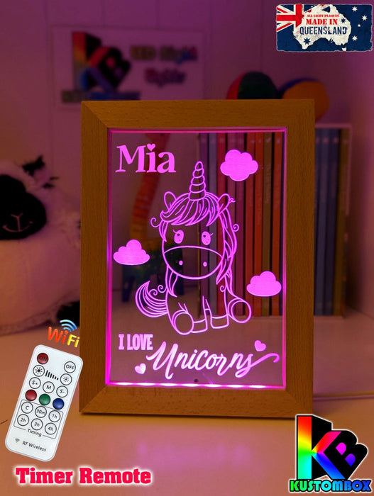 I Love Unicorn Ponies Personalised Name Timber Frame USB 3D LED Night Light Lamp - KustomboxNight Lights & Ambient LightingKustomboxTimber Frame Light - $34.99
