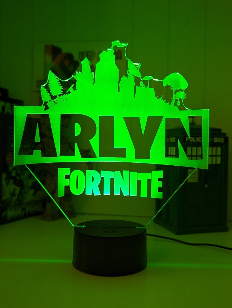 Custom Fortnite LED night light used as a kids bedroom night lamp on bedside table