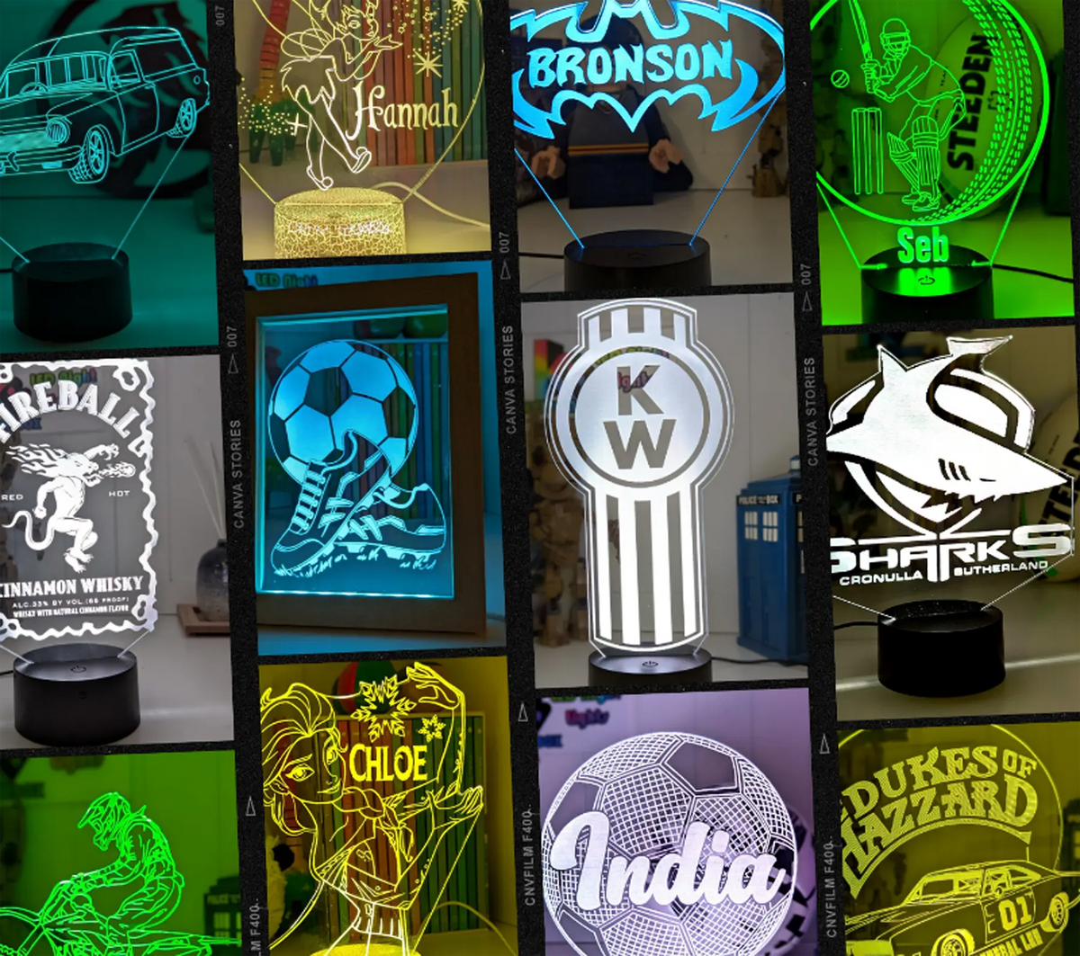 Collage of various personalized LED signs with different designs and text.