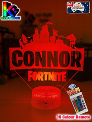 Personalised Fortnite LED night light displaying USB and battery power options for flexible bedroom use