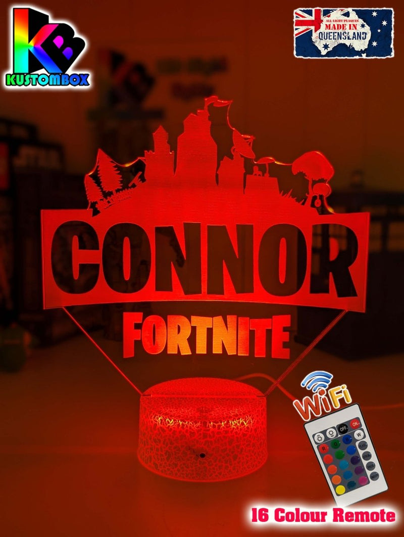 Personalised Fortnite LED night light displaying USB and battery power options for flexible bedroom use