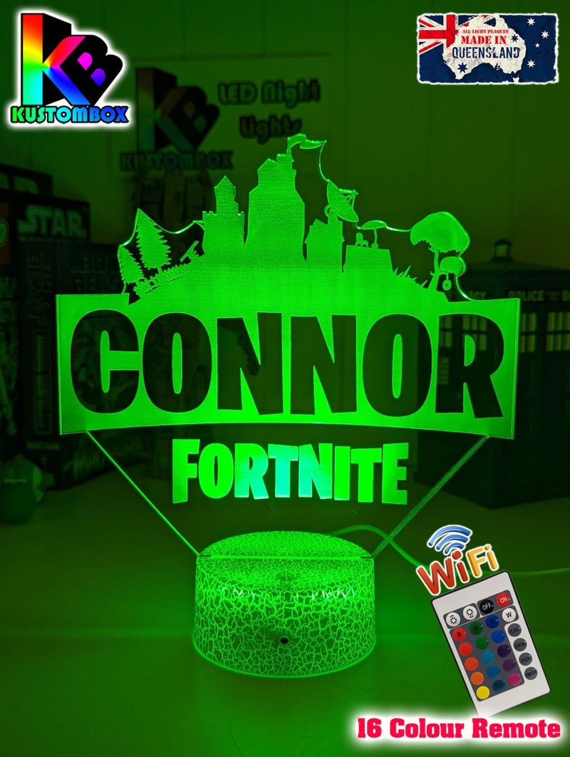 Fortnite personalised LED night light showing remote control and touch button used to change light colours