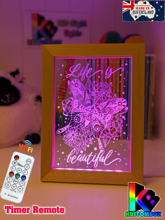 Life is beautiful Butterflys Motivational Quote Timber Frame USB 3D LED Night Light Lamp - KustomboxNight Lights & Ambient LightingKustomboxTimber Frame Light