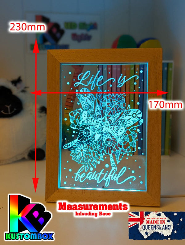 Life is beautiful Butterflys Motivational Quote Timber Frame USB 3D LED Night Light Lamp - KustomboxNight Lights & Ambient LightingKustomboxTimber Frame Light