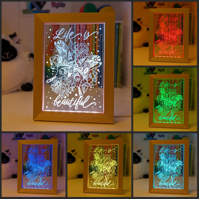 Life is beautiful Butterflys Motivational Quote Timber Frame USB 3D LED Night Light Lamp - KustomboxNight Lights & Ambient LightingKustomboxTimber Frame Light