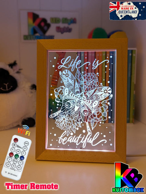 Life is beautiful Butterflys Motivational Quote Timber Frame USB 3D LED Night Light Lamp - KustomboxNight Lights & Ambient LightingKustomboxTimber Frame Light