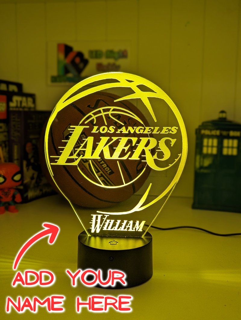 Custom Los Angeles Lakers basketball LED lamp with engraved name and multi-colour lighting