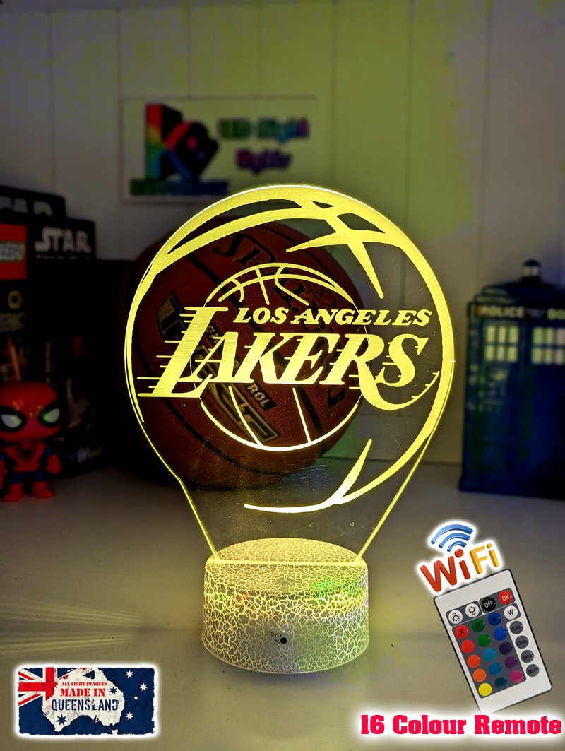 Personalised Los Angeles Lakers acrylic night light featuring team logo outline and custom engraving