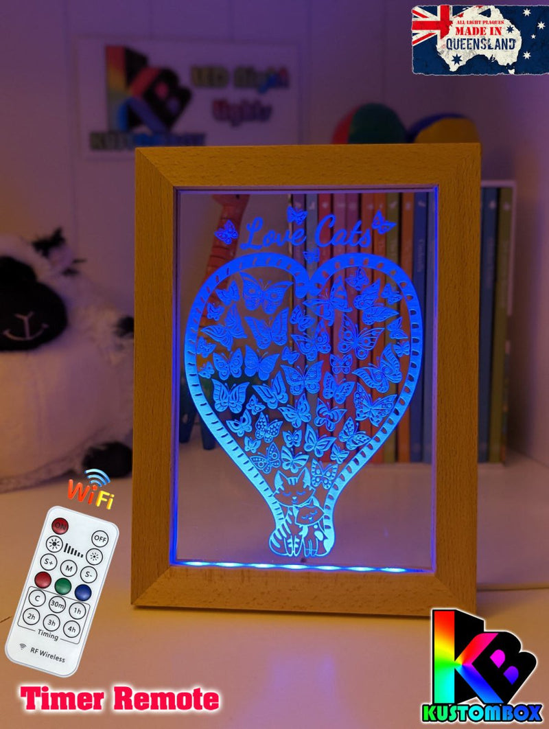 Love Cats & Heart of Butterflies Personalised Name Timber Picture Frame USB 3D LED Night Light Lamp - KustomboxNight Lights & Ambient LightingKustomboxTimber Frame Light