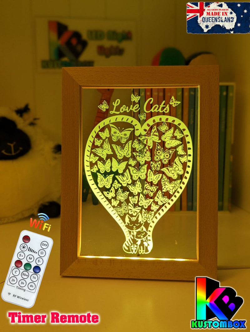 Love Cats & Heart of Butterflies Personalised Name Timber Picture Frame USB 3D LED Night Light Lamp - KustomboxNight Lights & Ambient LightingKustomboxTimber Frame Light