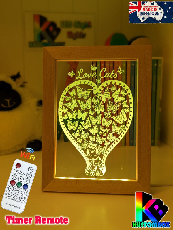Love Cats & Heart of Butterflies Personalised Name Timber Picture Frame USB 3D LED Night Light Lamp - KustomboxNight Lights & Ambient LightingKustomboxTimber Frame Light